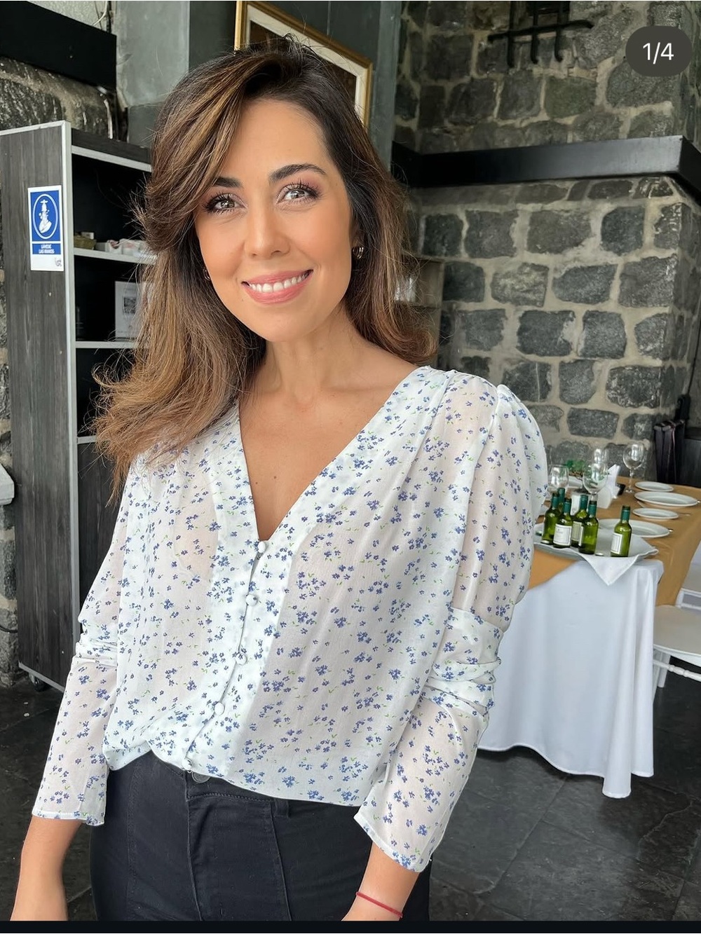 Mango White V‑Neck Button Floral Blouse with Blue Print